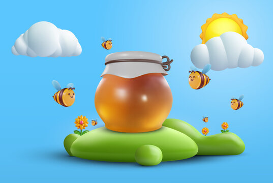 3d cartoon composition with honey jar, bee and sun on green hill in vector realistic funny style. Plasticine or glossy clay design concept art. Sweet colorful illustration on minimal background.