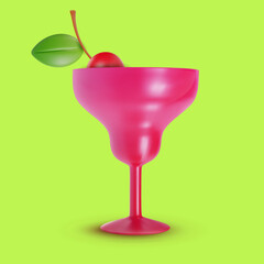 3d realistic cocktail drink for juice or alcohol with red cherry. Vector object in modern minimal cartoon glossy style. Sweet colorful illustration isolated on clear background.