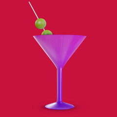 3d realistic cocktail drink for juice or alcohol. Vector object in modern minimal cartoon glossy style. Sweet colorful illustration isolated on clear background.