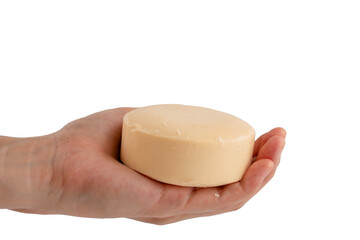 Hand holding soap on transparent background
