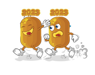 2023 new year play chase cartoon. cartoon mascot vector