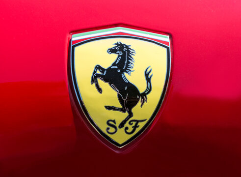 Ferrari Logo Badge Crest Hood Ornament Closeup, 24 August 2015, Thessaloniki, Greece	