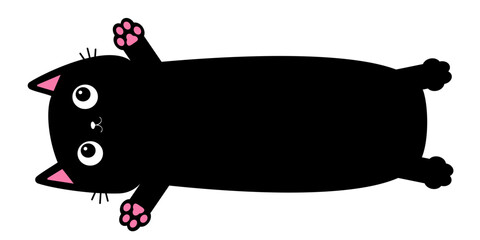 Cute black cat. Long body with pink paw print. Cartoon baby character. Funny face head silhouette. Happy Halloween. Meow. Kawaii animal. Pet collection. Flat design. Isolated. White background.