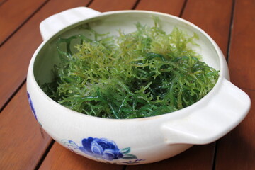 Seaweed (Eucheuma cottonii) in a white bowl with blue floral pattern and wood background. Usually used to make Indonesian traditional snack dodol.
