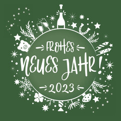 Frohes neues Jahr 2023 Kalligraphie mit Symbolen auf grünem Hintergrund. Happy new Year Calligraphy in German.
