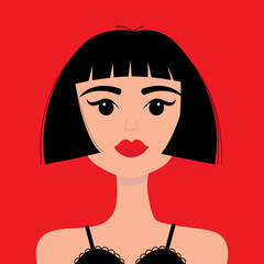 Portrait of woman. Young girl face. Beautiful lady, female. Brunette bob cut hairstyle. Black hair. Red lipstick makeup. Avatar for social networks. Front view. Flat design. Red background.