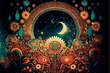 Bohemian (boho) background with circle, flowers, and crescent moon, generative art 