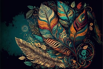 Bohemian (boho) background with feathers , generative art 