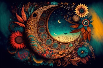 Bohemian (boho) backgroundwith crescent moon and flowers, generative art 