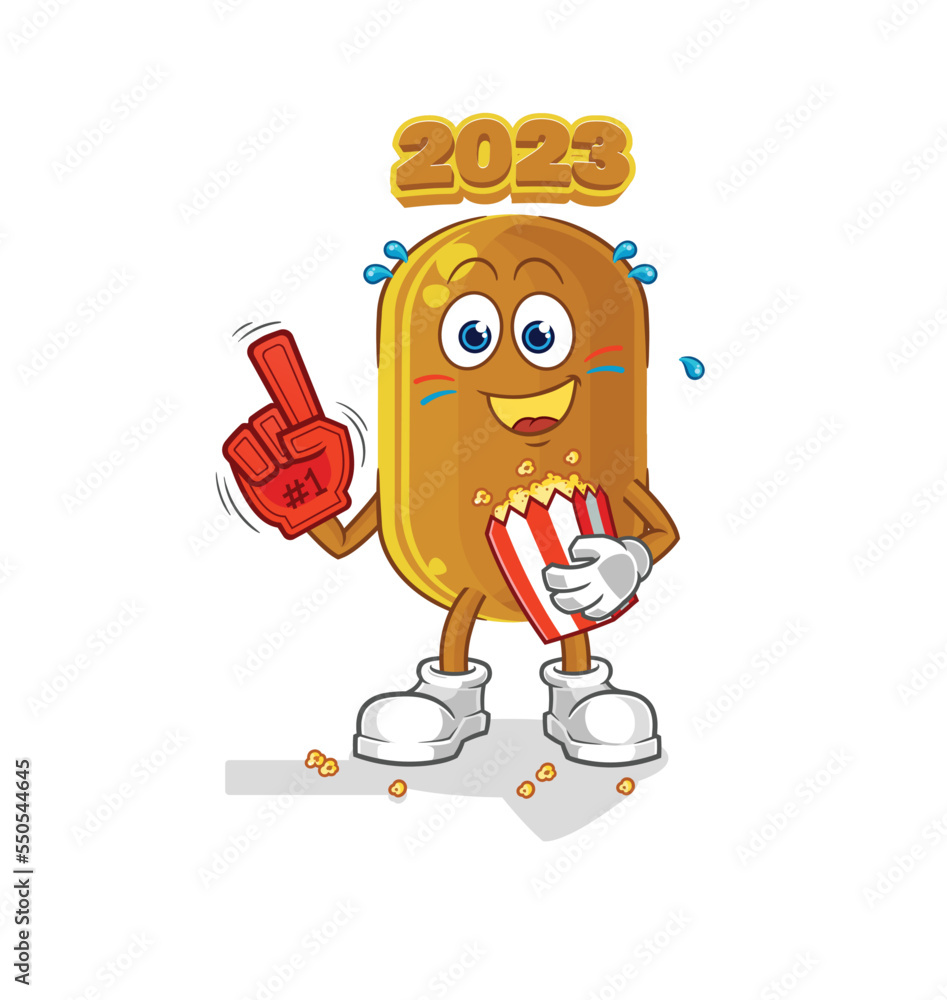 Sticker 2023 new year fan with popcorn illustration. character vector