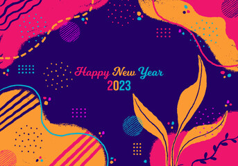 Happy New Year 2023 Background. January 1 celebration poster. Memphis style floral pink, orange and navy blue abstract design. Horizontal banner vector illustration. Doodle pattern concept graphic art