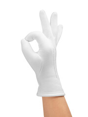 A hand in a white glove showing the ok gesture highlighted on a white background. OK, a hand sign. Close-up.