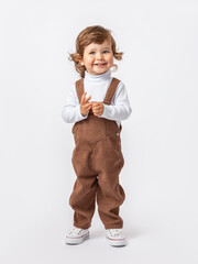 A smiling, cheerful Caucasian toddler boy with curly hair stands in a corduroy jumpsuit on a white...
