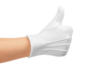 A white-gloved hand. Thumbs up, Like. an approving gesture. A sign with a man's hand. Close-up.