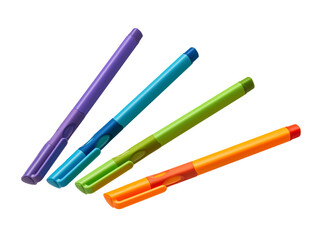 Fototapeta premium Multicolored pens, markers with a closed cap are isolated on a white background. Purple, blue, green, orange. Stationery for school and office. Catalog, marketplace, advertising. Copy space. 