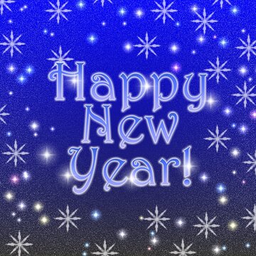 Happy New Year! Square blue card with snowflakes and stars