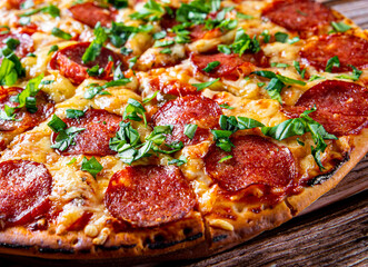 Pepperoni Pizza with cheese, salami, Tomato sauce, pepper, Spices