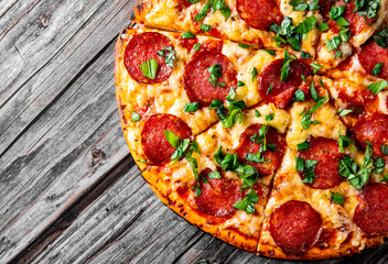 Pepperoni Pizza with cheese, salami, Tomato sauce, pepper, Spices