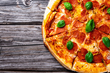 Pepperoni Pizza with cheese, salami, Tomato sauce, pepper, Spices