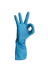 Blue glove with no background doing ok gesture