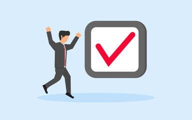 AN EMPLOYEE JUMPS FOR JOY BECAUSE IT HAS COMPLETED HIS TASK. VECTOR ILLUSTRATION OF JOB DONE, REACHING GOALS, APPROVAL PROJECT. CONCEPT OF COMPLETED TASK. 