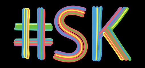 SK Hashtag. Multicolored bright isolate curves doodle letters like from marker, oil paint. #SK is abbreviation for the Canadian Saskatchewan for social network, web resources, mobile apps.