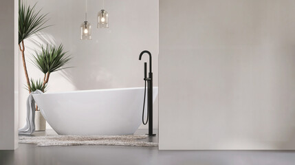 Modern and minimal design bathroom with white ceramic bathtub, dracaena plant, black faucet and...