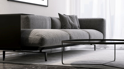 Modern design black steel sofa, gray cushion and coffee table in luxury living room with wallpaper...