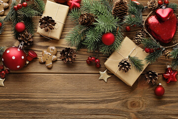 Christmas presents wrapping. christmas ornaments and wrapping tools on wooden background