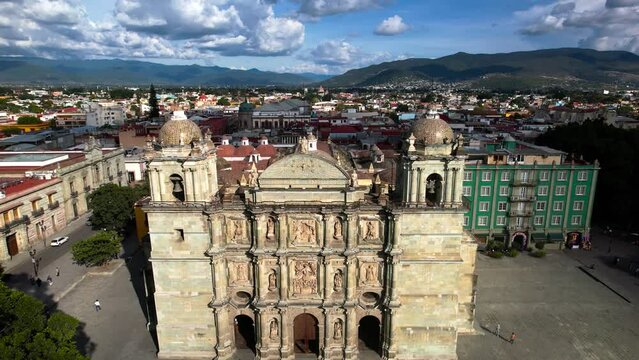 front aerial view of oaxaca city cathedral