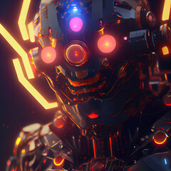 Detailed super robot with bright neon lights on black background. modern digital art illustration.