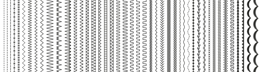 Seamless embroidery stitches big collection. Overlock fabric brushes. Set of machine thread sew elements. Sewing seams. Vector. Outline border isolated on white background. Simple graphic illustration