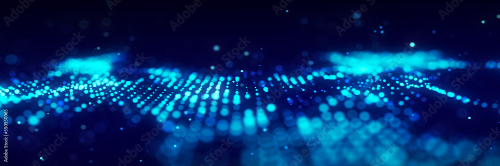 Poster Dynamic particle wave. Futuristic point wave. Flow digital structure. Data technology background. 3D rendering.
