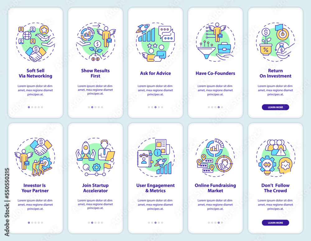 Poster attracting investors methods onboarding mobile app screen set. walkthrough 5 steps editable graphic 