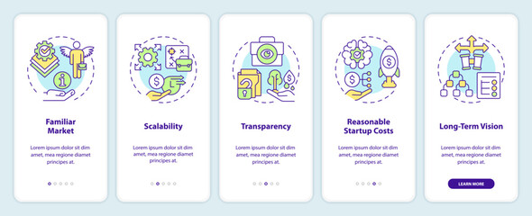 Traits that attract investors onboarding mobile app screen. Walkthrough 5 steps editable graphic instructions with linear concepts. UI, UX, GUI template. Myriad Pro-Bold, Regular fonts used