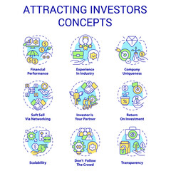 Attracting investors concept icons set. Involve funding. Startup traits. Small business idea thin line color illustrations. Isolated symbols. Editable stroke. Roboto-Medium, Myriad Pro-Bold fonts used