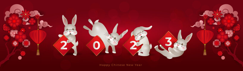 Chinese New Year of the rabbit. Poster with cute bunnies in different poses with signs 2023, asian clouds, flowers and lanterns on red background. For Greeting card, invitations. Vector illustration.