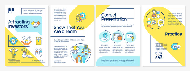 Attracting investors blue and yellow brochure template. Involve funds. Leaflet design with linear icons. Editable 4 vector layouts for presentation, annual reports. Questrial, Lato Regular fonts used