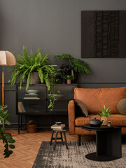 Interior design of living room interior with mock up poster frame, brown sofa, plants,  glass sideboard, black coffee table, wooden floor, lamp and personal accessories. Home decor. Template.