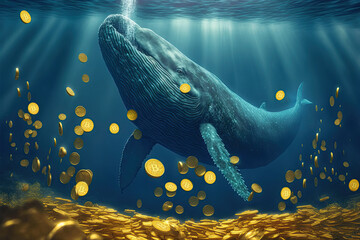 A big whale is eating thousands of golden Bitcoin coins underwater. Concept of speculative finance, crypto-bank exchanges, and big institutional crypto-investors buying the deep of Bitcoin. - 550552028