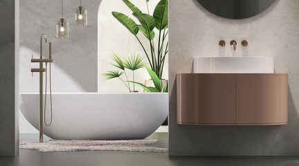 Modern and luxury design bathroom with white ceramic bathtub, vanity counter, wash basin, mirror,...