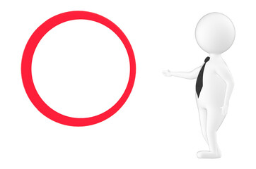 3d character , man pointing towards a empty circular ring