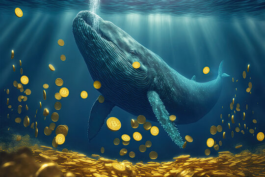 A big whale is eating thousands of golden Bitcoin coins underwater. Concept of speculative finance, crypto-bank exchanges, and big institutional crypto-investors buying the deep of Bitcoin.