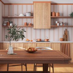 Obraz na płótnie Canvas Wooden rustic kitchen and dining room in white and orange tones. Cabinets and table with chair. Wallpaper and parquet floor. Farmhouse interior design
