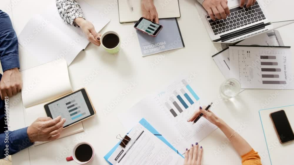 Poster Team hands, business meeting and paperwork with graphs and technology for marketing business proposal. Collaboration, communication and strategy planning, tech and teamwork with chart document.
