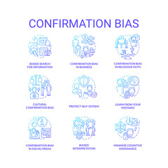 Confirmation bias blue gradient concept icons set. Emotional intelligence. Favor information idea thin line color illustrations. Isolated symbols. Roboto-Medium, Myriad Pro-Bold fonts used