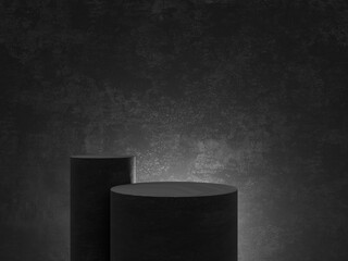 Black stone podium stand on minimal pedestal stage. empty product display mockup platform or cosmetic presentation showcase. 3d rendering.