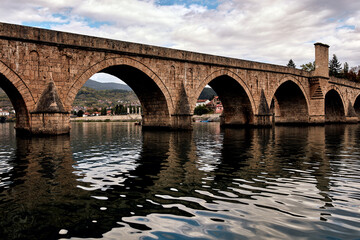 Bridge on river Drina, famous historic Ottoman architecture in Visegrad, Bosnia and Herzegovina.