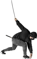Isolated PNG cutout of a ninja with a katana on a transparent background
