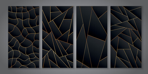 set of vector illustration of abstract backgrounds with gold lines and black geometric shapes	